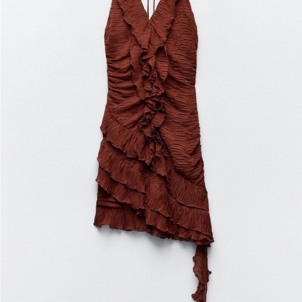 Zara Brown Sheath Midi Dress Halter Neckline